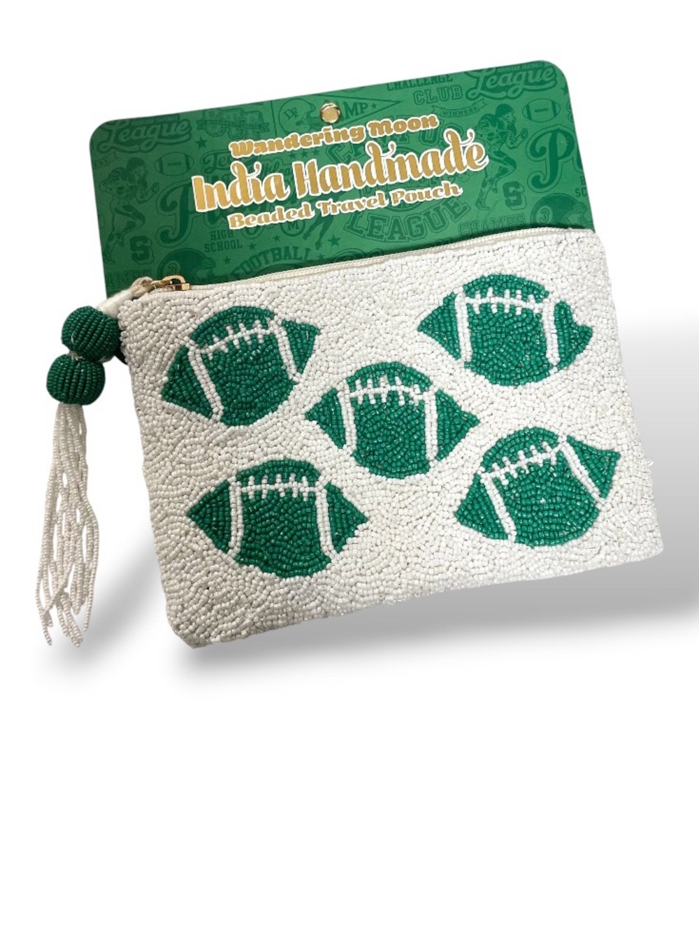 Football  Beaded Travel Pouch Cosmetic Bag Handmade in India Wandering Moon